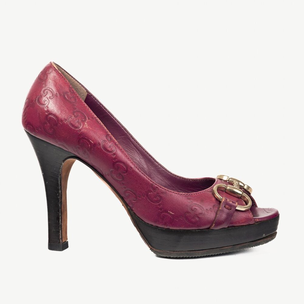Gucci Purple Guccissima Soft Leather Horsebit Peep-Toe Pumps